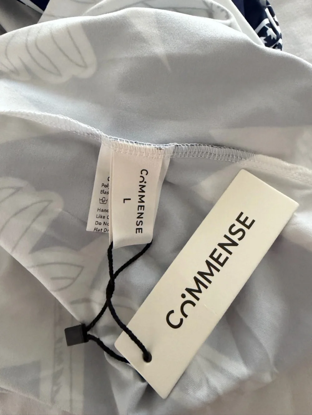 Commense Navy and White Tropical Print V Neck Ruched Dress - Picture 11 of 11